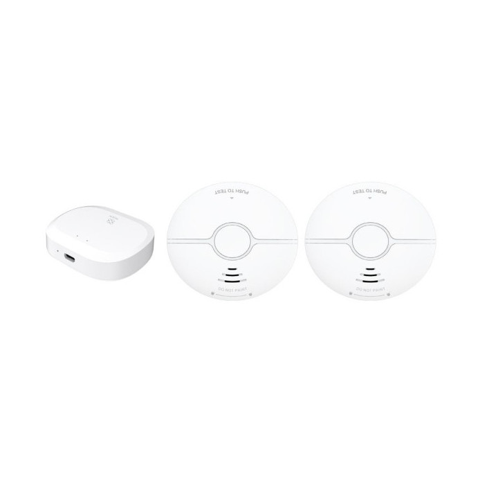 WOOX R7074 Setti, 2 x älykästä savunilmaisinanturia, 1 x ZIGBEE-yhdyskäytävä