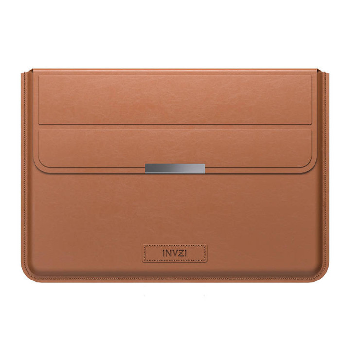 INVZI-nahkakotelo/kansi jalustalla MacBook Prolle/Air 15"/16" (ruskea)