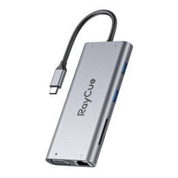 Keskitin 11w1 RayCue USB-C do 2x USB-A 2.0 480Mbps + 3x USB-A 3.2 5Gbps + SD/TF 3.0 + HDMI 4K30Hz + VGA 1080p + RJ45 + PD 3.0 10