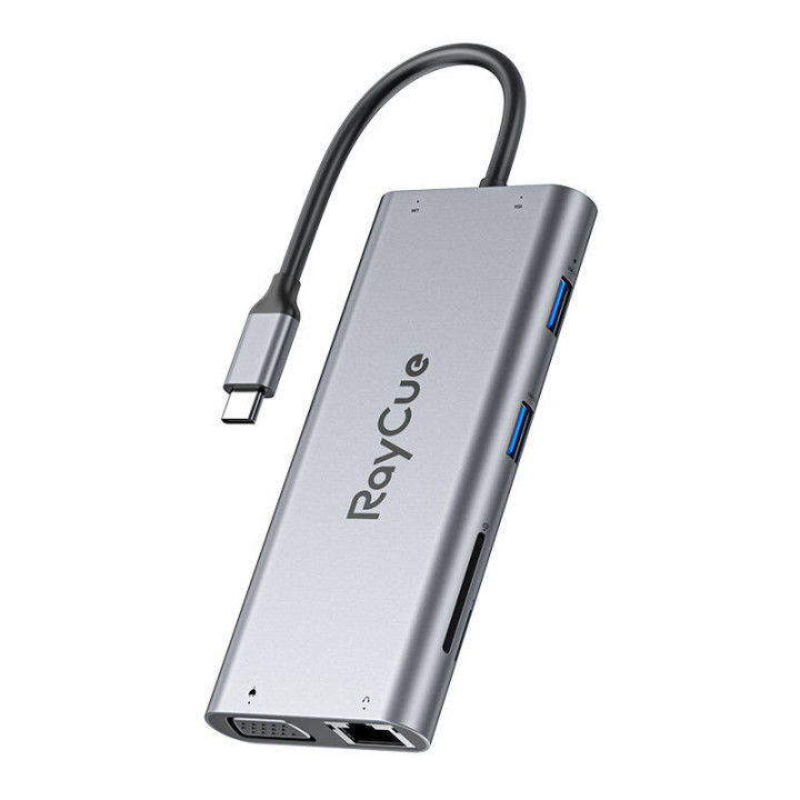 Keskitin 11w1 RayCue USB-C do 2x USB-A 2.0 480Mbps + 3x USB-A 3.2 5Gbps + SD/TF 3.0 + HDMI 4K30Hz + VGA 1080p + RJ45 + PD 3.0 10