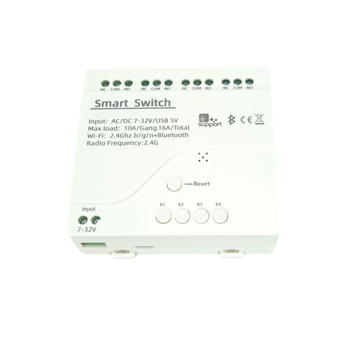 SmartWise 5V-32V Wi-Fi + Bluetooth 4-gang smart relay switch, NO/NC, dry contact, momentary, interlock, eWeLink compatible, in p