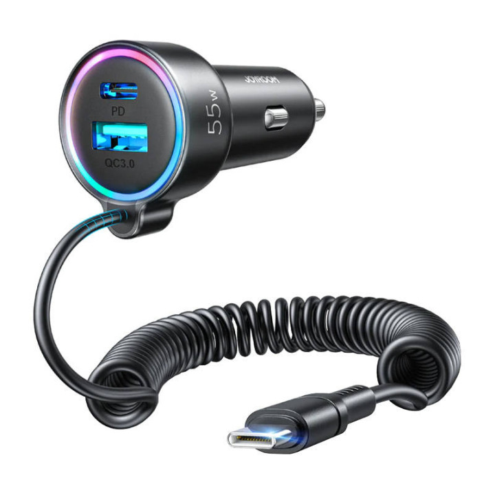 Autolaturi Joyroom JR-CL07, 3-in-1, 1x USB + 1x PD, 55W + Type-C kaapeli (musta)