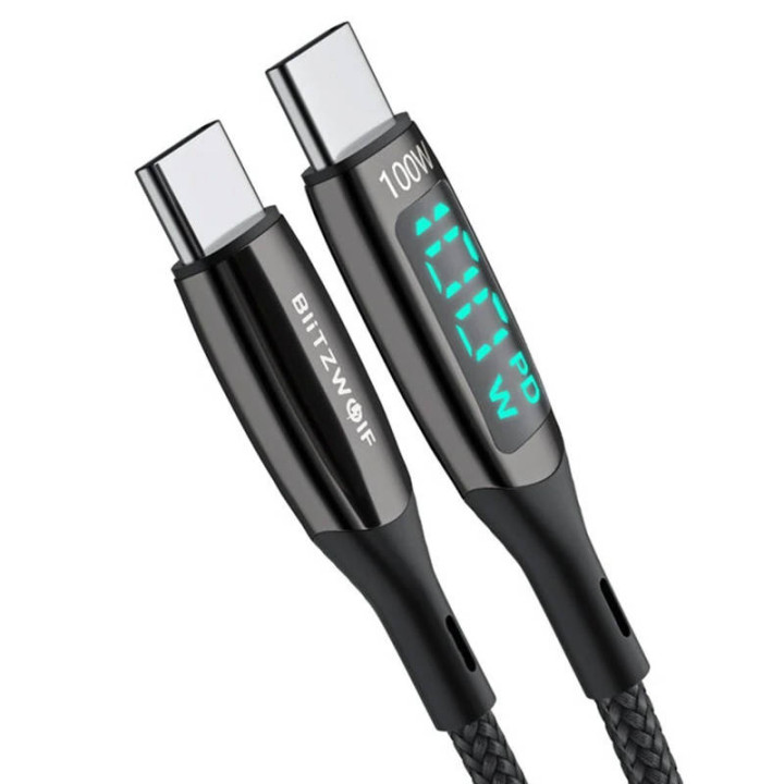 USB-C–USB-C-kaapeli BlitzWolf BW-TC23, näytöllä, 100 W, 0,9 m (musta)