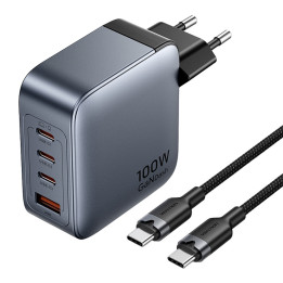 Tuuletus 100 W GaN 1 x USB-A 3 x USB-C + kaapeli USB-C tai USB-C 1 m