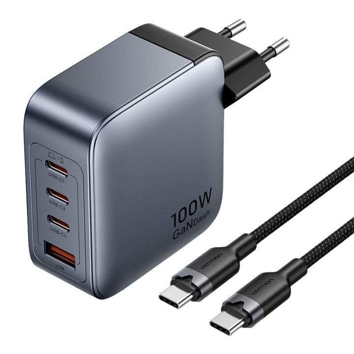 Tuuletus 100 W GaN 1 x USB-A 3 x USB-C + kaapeli USB-C tai USB-C 1 m