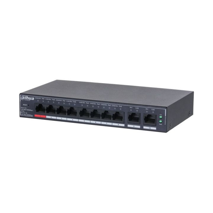 DAHUA SG4010P 8 portu Gigabit PoE slēdzis ar 2 augšupielādes portiem, nepārvaldāms, 130W budžets