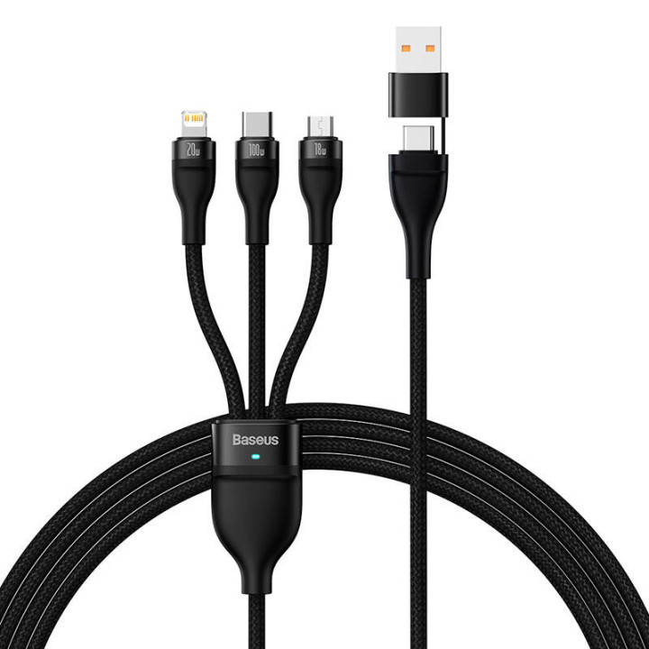 USB-кабель 3в1 Baseus Flash Series 2, USB-C + micro USB + Lightning, 100 Вт, 1,2 м (черный)