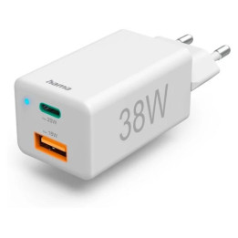 Hama mini 38W, GaN PD/QC 3.0 (1X USB-C, 1X USB-A), balta