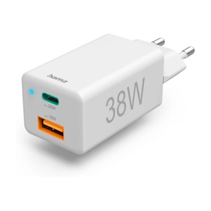 Hama mini 38W, GaN PD/QC 3.0 (1X USB-C, 1X USB-A), balta