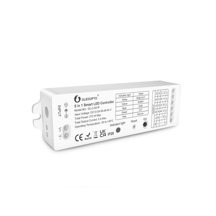 Gledopto GL-C-001P, Zigbee Pro 5-in-1 LED-ohjain (Zigbee+RF) 12V-54V DC