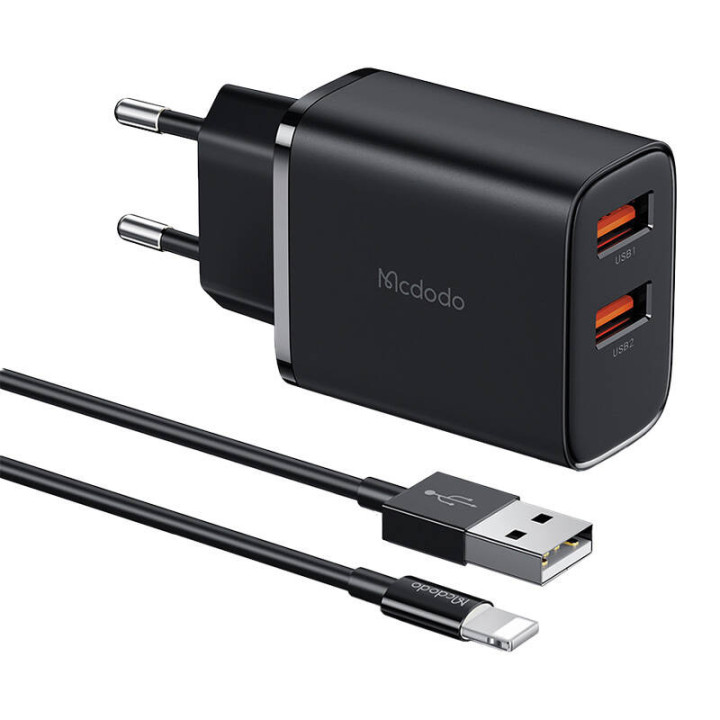 Mcdodo CH-5071 USB-A*2, 12 W tīkla lādētājs + USB-A līdz zibens kabelim (melns)