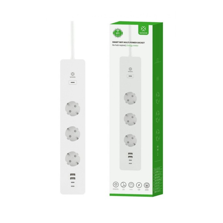 WOOX R6132 Älykäs Smart WiFi -nauha, 3 AC-pistorasiaa, 2 USB 2.0 -porttia, 2 USB-C-porttia
