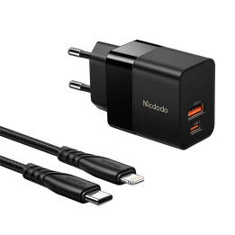 Seinälaturi Mcdodo CH-1952 USB + USB-C, 20W + USB-C Lightning-kaapeliin (musta)