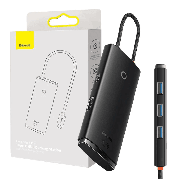 Baseus Lite Series Hub 5w1 USB-C - 3x USB 3.0 + USB-C + HDMI (musta)