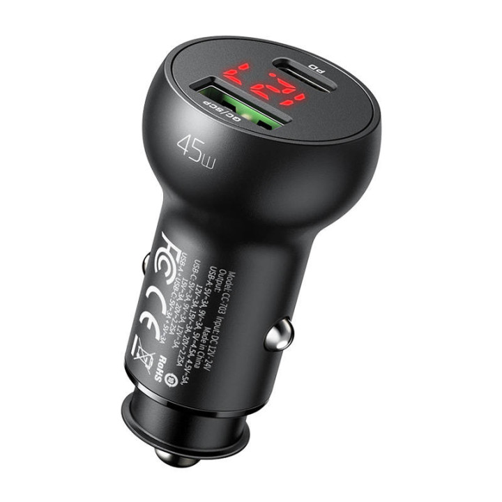 Autolaturi Mcdodo CC-7030, USB + USB-C, näytöllä, 45 W (musta)