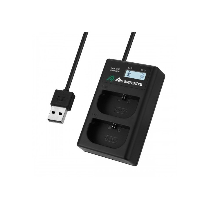 2x Powerextra LP-E6 topelt LCD USB laadija Canon XC10 XC15 EOS 60D 60Da 70D 80D 70D 60Da 5D-II 5D-III 6D 7D Mark II 5DS 5D R 5D 