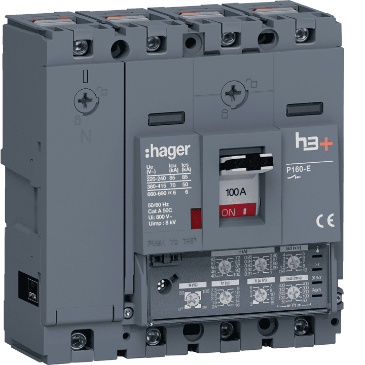 Hager HES101JC MCCB h3+ P160 4P 100A 70kA (LSI-versio)
