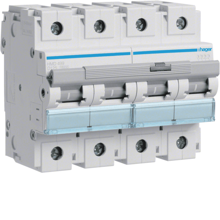Hager HMD499 miniatūras ķēdes pārtraucējs 4P D 125A 15kA (6 moduļi)