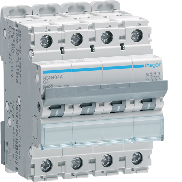 Hager NCN404 Miniature Circuit Breaker 4P C 4A 10kA (4 Modules)