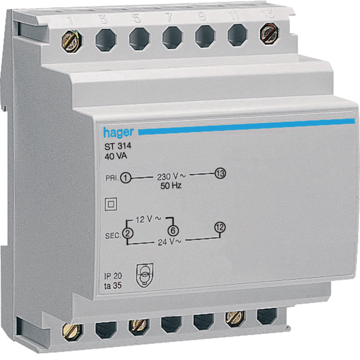 Изолирующий трансформатор Hager ST314, 40VA, 230V до 12-24V