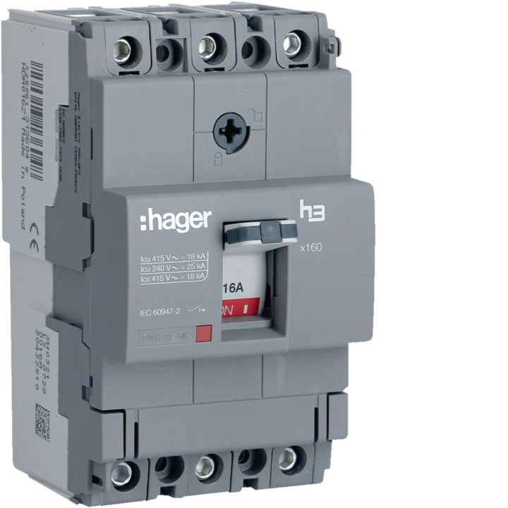 Hager HDA016L MCCB h3 x160 3-Pole 16A 18kA Thermal-Magnetic
