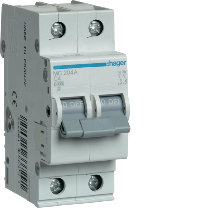 Hager M7204 MCB 2-Pole 4A C-Curve 6kA