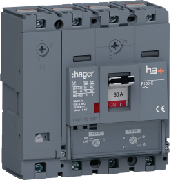Автоматический выключатель Hager HES081DC MCCB h3+ P160, 4 полюса, 80A, 70kA, тепломагнитный