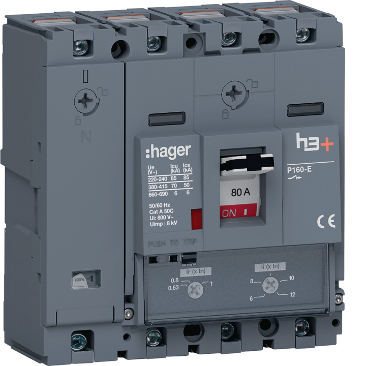 Hager HES081DC MCCB h3+ P160 4P 80A 70kA Thermal-Magnetic