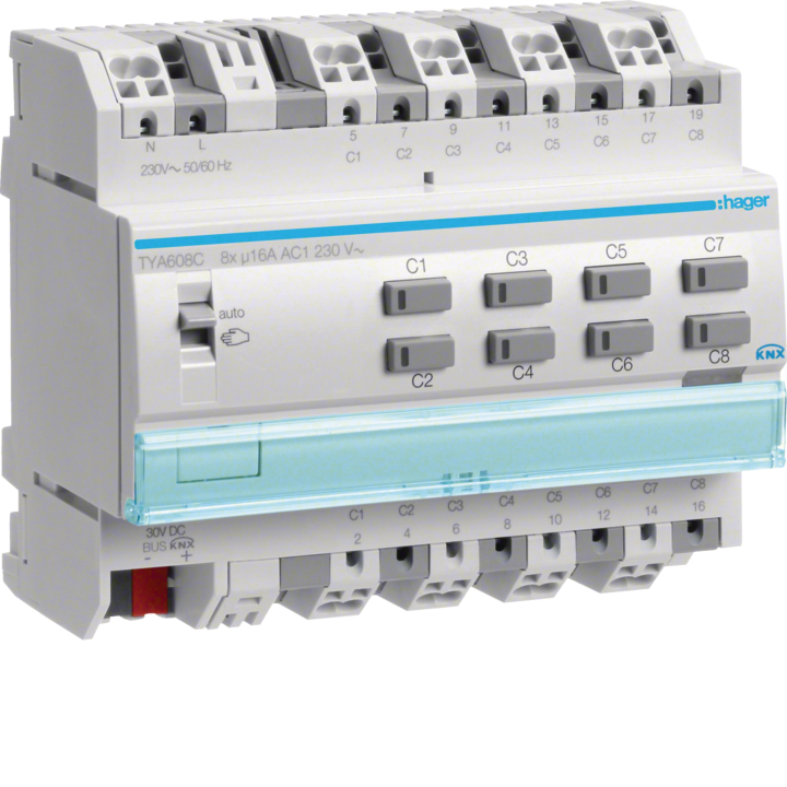 Выходной модуль Hager TYA608C KNX, 8x 16A /230V~