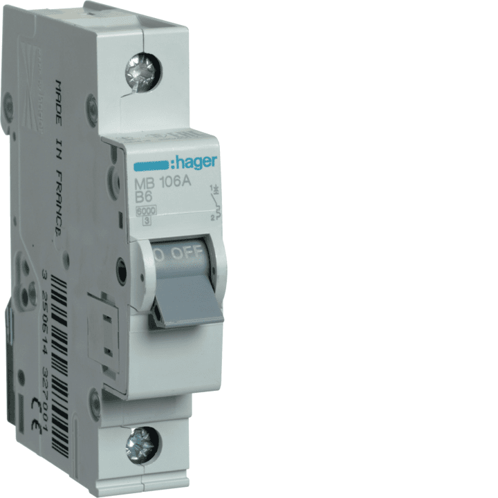 Hager MBS106 miniatūrs ķēdes pārtraucējs 1P B-Curve 6A 6kA