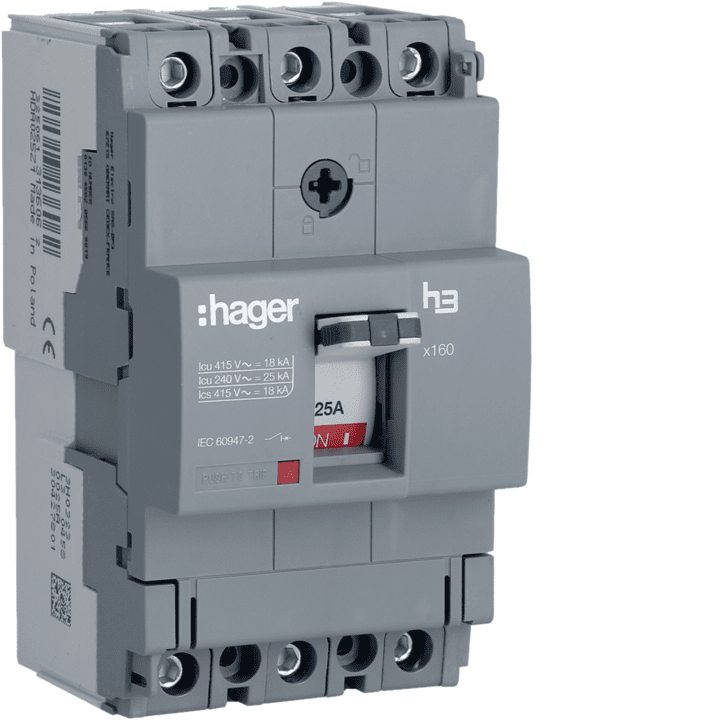 Hager HDA025L Molded Case -virtakatkaisija h3 x160, 3P 25A, 18kA