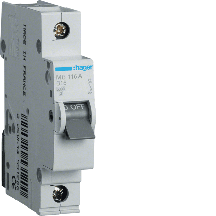 Автоматический выключатель Hager MBS116, 1P, B-16A, 6kA