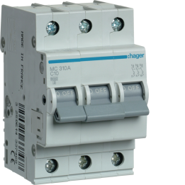 Hager MCS310 MCB, 3-polu 10A, līkne C, 6kA