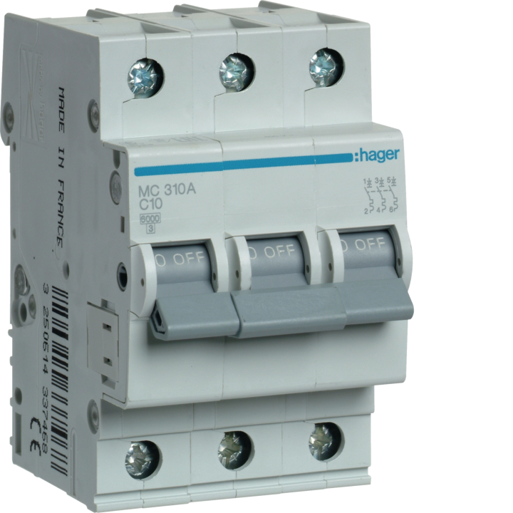 Hager MCS310 MCB, 3-polu 10A, līkne C, 6kA