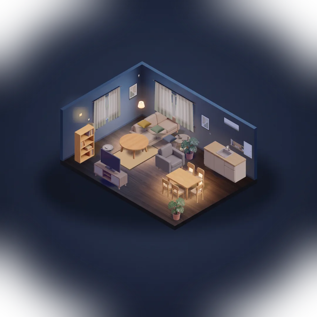 Smart home living room in the evening with KNX-controlled lighting scenes